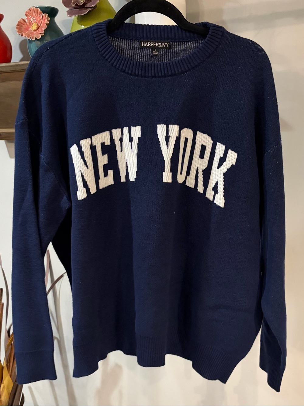 Harper & Ivy Navy Crewneck Sweater with White "NEW YORK" Lettering size large